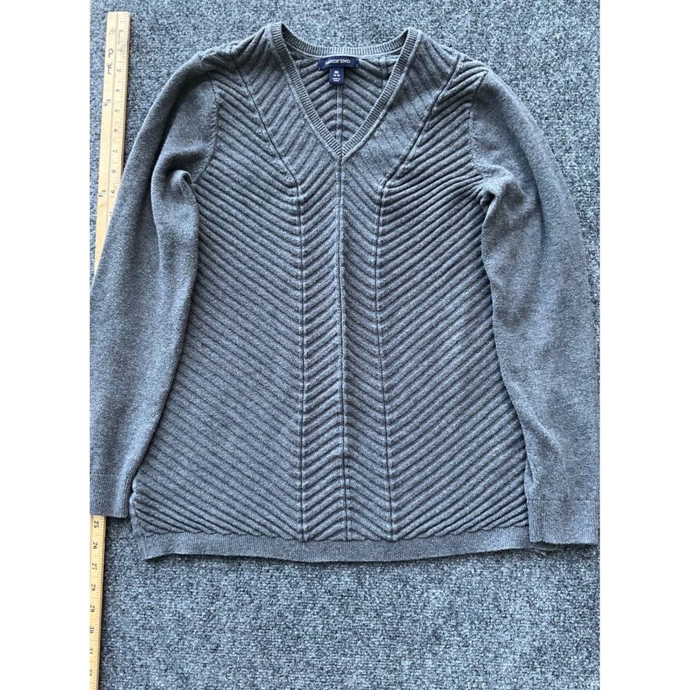 Lands End Womens Gray V-Neck Ribbed Chevron Cotton Knit Sweater Size M 10-12